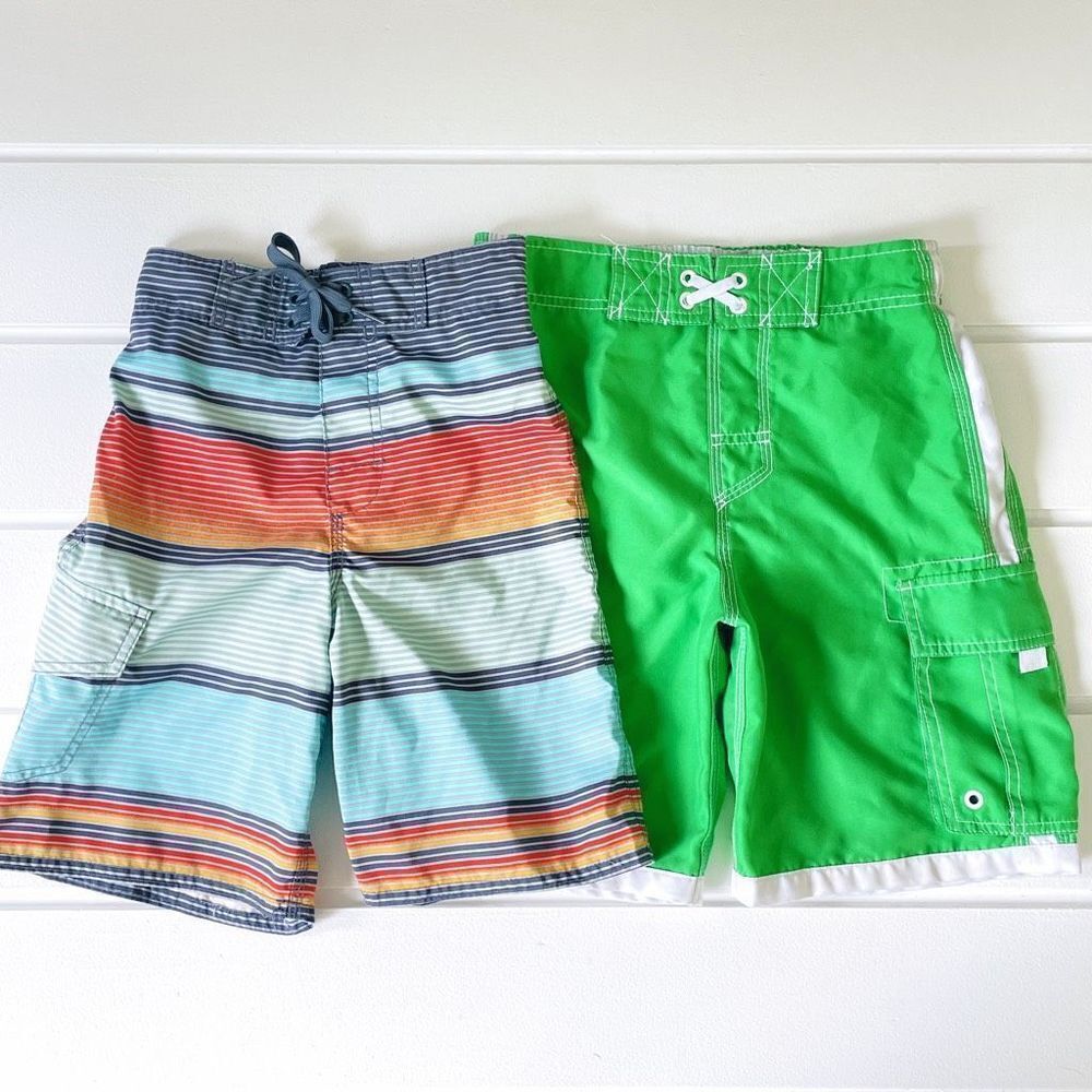 Cherokee And Joe Boxer Boy's Green Striped Board Swim Shorts Bundle Small/Medium
